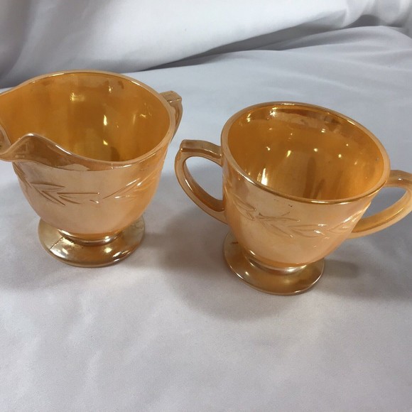 Peach Luster Ware Fire King Iridescent Sugar Creamer Leaf Pattern Mid Century - Picture 10 of 10